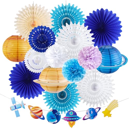 SUNBEAUTY Weltraum Pompons Deko 16 Stück Weiß Blau Seidenpapier Pompons Papier Fächer Hängend Girlande für Geburtstagsdeko Jungen Kindergeburtstag Dekoration von SUNBEAUTY