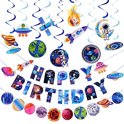 Sunbeauty Weltraum Deko Set, Weltraum Geburtstag Party Deko Enthält Planet Spirale Happy Birthday Banner Sonnensystem Planet Flagge String Latex-Ballon Tortenaufleger für Space theme Party von SUNBEAUTY