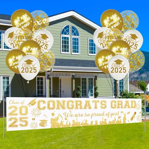 Weißes & goldenes Abschlussbanner mit Luftballons – Klasse 2025 Yard Banner Hintergrund & 18 Abschlussballons für High School, College, Krankenpflege oder Doktorat Congrats Grade Party Dekorationen Weißes & goldenes Abschlussbanner mit Luftballons – Klasse 2025 Yard Banner Hintergrund & 18 Abschlussballons für High School, College, Krankenpflege oder Doktorat Congrats Grade Party Dekorationen von SUNDECO