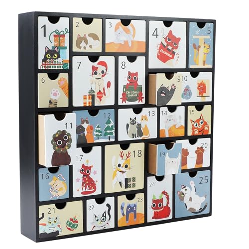 SUNGIFT Adventskalender aus Holz mit Schubladen - Nachfüllbarer Weihnachts-Countdown-Kalender mit niedlichem Katzen-Design für Geschenke von SUNGIFT