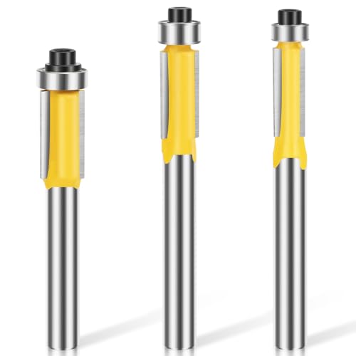 SUNJOYCO 3-teiliges Muster-Fräser-Bits, 1/4-Zoll-Schaft oben und unten mit 3/8 Zoll, 5/16 Zoll, 1/4 Zoll Schnittdurchmesser, 5/8 Zoll, 21/32 Zoll Schnittlänge von SUNJOYCO