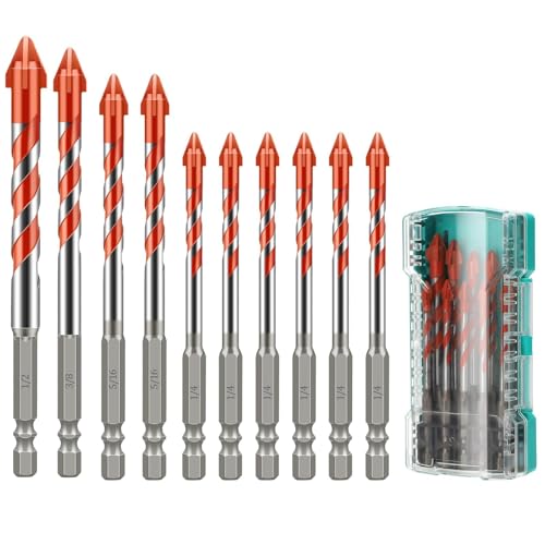 SUNJOYCO Exzenterbohrer mit 4 Klingen, Wolframkarbid, Steinbohrer für Beton, Glas, Ziegel, Zement, Fliesen, Marmor, Holz, 1/4 Zoll, 5/16 Zoll, 3/8 Zoll, 1/2 Zoll, 10 Stück von SUNJOYCO