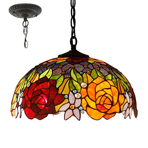 SUNMME Hängelampe, 40,6 cm, Zugkette, Buntglas, rote Rose, Lampenschirm, Kronleuchter, Deckenleuchte, Anhänger, 2 Leuchten, Dekoration für Esszimmer, Wohnzimmer, Schlafzimmer (a3 A) (a2 von SUNMME