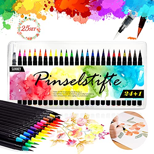 Pinselstifte Set, 24 Aquarell Pinselstifte + 1 Wassertankpinsel, Brush Pen mit flexiblen Nylonspitzen Handlettering Stifte für Künstler, Bullet Journal, Kalligraphie und Zeichnungen von SUNNEY