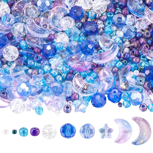 SUNNYCLUE 1 BOX Ca. 1700+ STK Armband Bastelset Mit Blauen Sternen Und Monden Transparente Glasperlen Süße Runde Abstandshalter Aus Kunstharz Lose Perlen Sets In Großpackung Zur Schmuckherstellung Arm von SUNNYCLUE