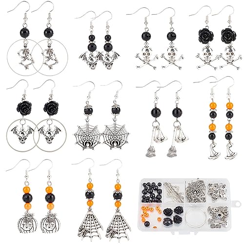 SUNNYCLUE 1 Box 10 Paar Halloween Ohrringe Starter Set Skelett Knochen Spinne Kürbis Charms Glasperlen Für Schmuckherstellung Kits Anfänger Erwachsene Frauen DIY Baumelnde Ohrringe Bastelbedarf von SUNNYCLUE