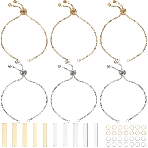 SUNNYCLUE 1 Box 10 Sets Gravurarmbänder Rohlinge Verstellbares Armband Set Aus Edelstahl Gold/Silber Gravierbare Rechteckige Charm Armbänder Einfaches Set Zur Schmuckherstellung DIY Armbänder Zubehör von SUNNYCLUE