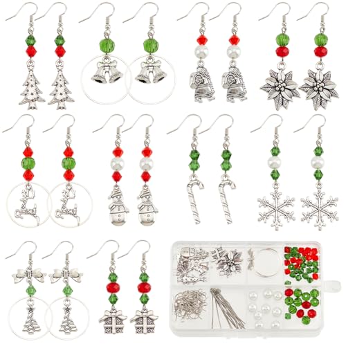 SUNNYCLUE 1 Box 10 Sets Weihnachts Ohrring Herstellungsset Winter Charms Große Menge Weihnachtsbaum Schneeflocke Schneemann Anhänger Modische Ohrringe Glasperlen Für Schmuckherstellungs Sets Erwachse von SUNNYCLUE