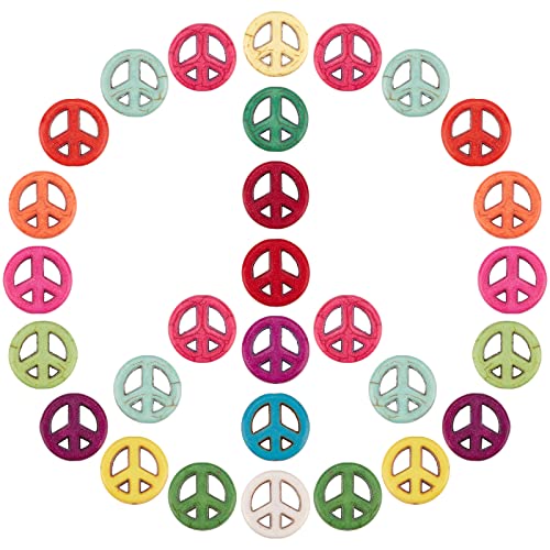 SUNNYCLUE 1 Box 100 Stück Friedenszeichen-Perlen Bunt Synthetische Türkis-Perlen-Charms Flach Rund Geschnitzt Hohl Elastischer Faden Für DIY-Armbänder Basteln Schmuckherstellung Mischfarben von SUNNYCLUE