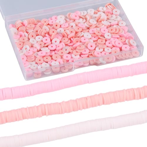 SUNNYCLUE 1 Box 1000 Stück + 6 mm Rosa Heishi Perlen Polymer Ton Perlen Kleine Mini Nachfüllung Runde Flache Scheibe Vinyl Abstandshalter Lose Perlen Großpackung Für Schmuckherstellung DIY Armbänder H von SUNNYCLUE