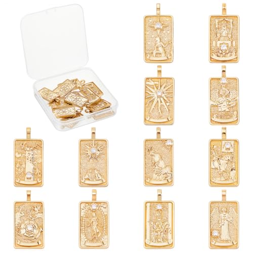 SUNNYCLUE 1 Box 12 Stück Echt 18 Karat 12 Stil Vergoldetes Messing Charms Micro Pave Tarot Card Charms Für Die Schmuckherstellung Cubic Zirkonia Tarot Charm King Queen Sun Ohrringe Halskette Suppliues von SUNNYCLUE