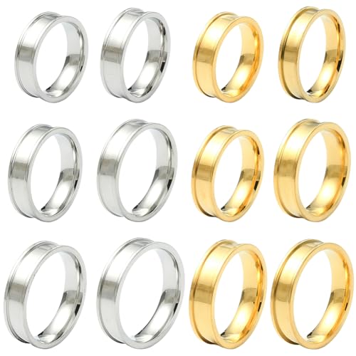 SUNNYCLUE 1 Box 12 Stück 6 Größen Edelstahl Ringrohlinge Silberne Rillenringfassung Goldener Runder Rohlingkern Doppelt Gerilltes Fingerband Zum Gravieren Kunstharzhandwerk Schmuckherstellung Durchmes von SUNNYCLUE