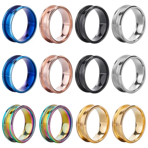 SUNNYCLUE 1 Box 12 Stück Inlay Ringrohlinge Edelstahl Ringrohlinge Größe 8 gerillter Ringkern Schwarz Blau Roségold Runde Leere Ringe Inlay Ring Basisrohlinge Für Schmuckherstellungssets Männer Frauen von SUNNYCLUE