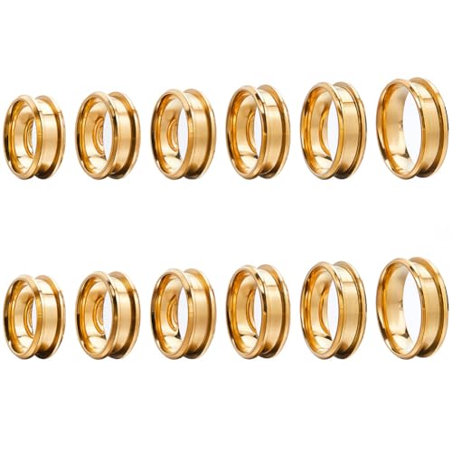 SUNNYCLUE 1 Box 12 Stück gerillte Ringrohlinge Ringkerne goldene Edelstahl-Inlay-Ring-Rohlinge US-Größe 7/8/9/10/11/12 Fingerring-Inlay-Ring-Rohlinge für Männer und Frauen, Schmuckherstellungs-Kits von SUNNYCLUE