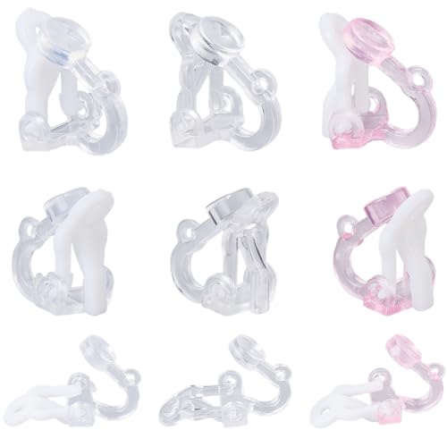 SUNNYCLUE 1 Box 120 Stück 3 Farben Kunststoff Ohrclips Ohrring Konverter Ohrclips Mit Schlaufen Transparent Weiß Rosa Ohrclip Beschläge Für Nicht Durchstochene Ohren Schmuckherstellung DIY Basteln von SUNNYCLUE