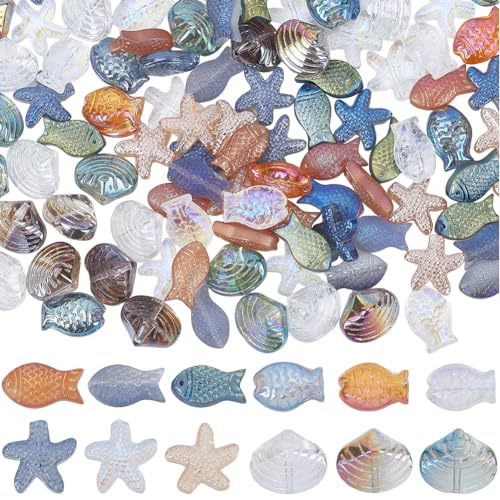 SUNNYCLUE 1 Box 120 Stück Seeglasperlen Glasfischperlen Seestern Muschelperlen Ozean Sommer Hawaii Meerestierperlen Galvanisierte Glasperlen Muschelperlen Zur Schmuckherstellung Für Frauen Und Erwachs von SUNNYCLUE