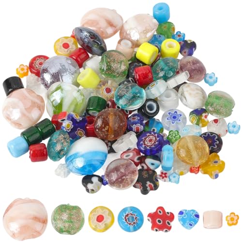 SUNNYCLUE 1 Box 120 Stück Sortierte Lampwork Perlen Bunte Lampwork Perlen Glaskristall Zufällige Stile Und Formen Bunte Millefiori Floridnsäulen Abstandshalter Für Die Schmuckherstellung Damen Böhmisc von SUNNYCLUE