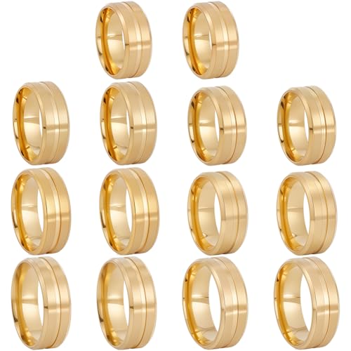 SUNNYCLUE 1 Box 14 Stück Goldfarbene Ringrohlinge Aus Edelstahl Inlay Ringrohlinge Großpackung Legierung US Größe 6/7/8/9/10/11/12 Metall Rund Gerillt Leerer Kern Fingerbefunde Für Die Schmuckherstell von SUNNYCLUE