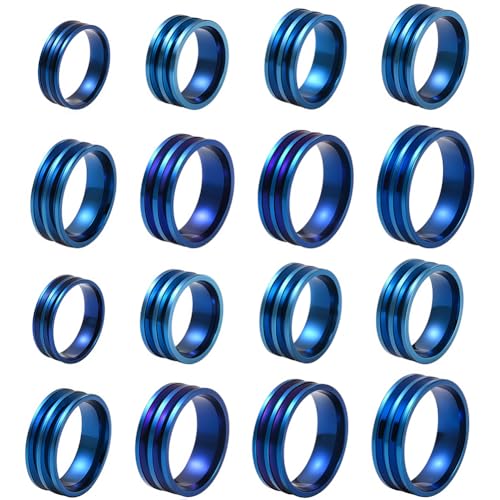 SUNNYCLUE 1 Box 16 Stück 8 Größen Edelstahl Ringrohlinge Gerillte Ringe Blau Leer Rund Doppelt Gerillt Blanker Kern Finger Eheringe Zum Gravieren Harz Inlay Schmuckherstellungs Kits Durchmesser 16~23m von SUNNYCLUE
