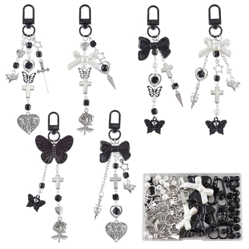 SUNNYCLUE 1 Box 160Pcs Anhänger Basteln Perlen,Schlüsselanhänger Selber Machen,Dekorative Anhänger Keychain Bastelset Gothic Schwarze Halloween Gothic für Handtaschendekorationen Geldbörse von SUNNYCLUE