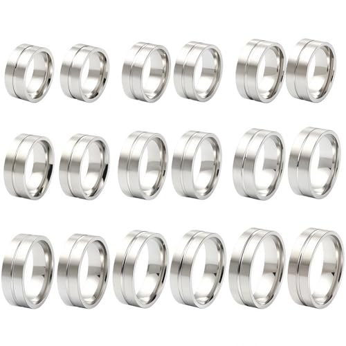 SUNNYCLUE 1 Box 18 Stück 9 Größen Gravur Ringrohlinge Gerillter Ring Edelstahl Runder Rohling Leerer Kern 8mm Breit Fingerband Für Inlay Schmuck Hochzeit Herstellung von Geschenken DIY Handwerk Innend von SUNNYCLUE