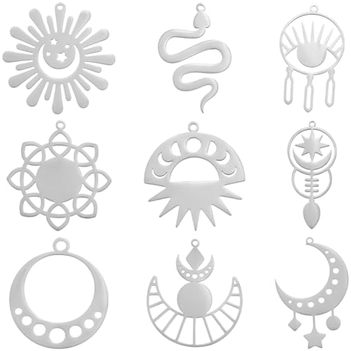 SUNNYCLUE 1 Box 18 Stück 9 Stile Tarot Anhänger Silber Sonne Und Mond Anhänger Aus Edelstahl Vintage Schlange Sonnenblume Wahrsagerei Glücksbringer Anhänger Für Schmuckherstellung Halsketten Basteln D von SUNNYCLUE
