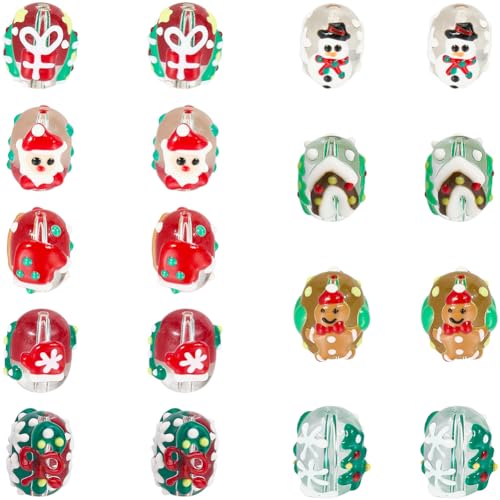 SUNNYCLUE 1 Box 18 Stück 9 Stile Weihnachts Lampwork Perlen Weihnachtliche Glasperlen Runde Feiertags Handbemalte Bäume Süßigkeiten Weihnachtsmann Perlen Für Die Schmuckherstellung Armbänder Halskette von SUNNYCLUE
