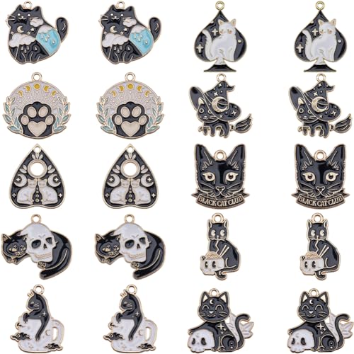 SUNNYCLUE 1 Box 20 Stück 10 Stile Gothic Katzen Charms Schwarzer Kitty Charm Bulk Legierung Emaille Goth Haustier Tier Katzen Kopf Ouijas Magischer Schädel Tarot Halloween Charms Für Die Schmuckherste von SUNNYCLUE