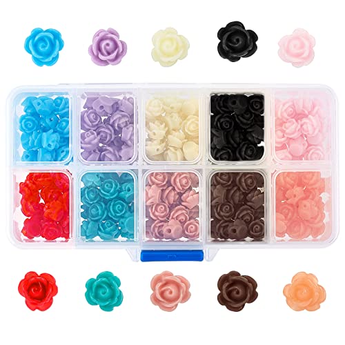 SUNNYCLUE 1 Schachtel 200Stück 10 Farben Rosenblüten Harzperlen Cabochons Mit Flacher Rückseite Verschönerung Blumenrose Lose Perlen Für DIY Schmuck Halsketten Armbänder Scrapbooking 9x7mm Loch 1mm von SUNNYCLUE