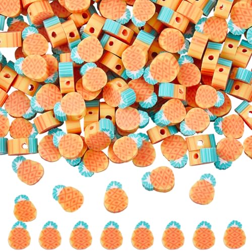 SUNNYCLUE 1 Box 200 Stück Ananas Perlen Frucht Tonperlen 9mm Polymer Orange Grün Ananas Weich Süß 16mm Loch Lose Abstandshalter Für Schmuckherstellung DIY Schlüsselanhänger Halsketten Armbänder Baste von SUNNYCLUE