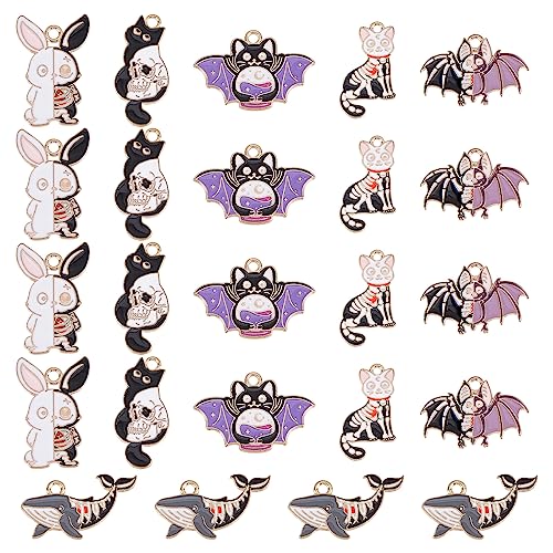 SUNNYCLUE 1 Box 24 Stück 6 Stile Gothic Charms Halloween Emaille Charms Totenkopf Skelett Knochen Charme Kaninchen Katze Niedliche Charme Magischer Anhänger Für Die Schmuckherstellung Anhänger DIY von SUNNYCLUE