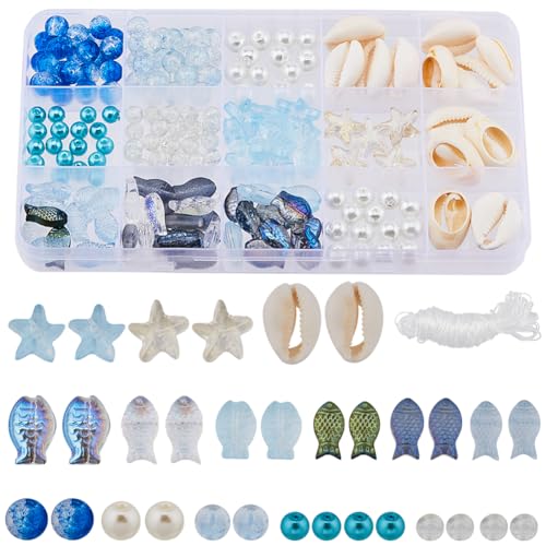 SUNNYCLUE 1 Box Mit 251 Fisch Glasperlen Seestern Perlen Große Natürliche Muschelperlen Sommer Ozean Meerestier Perlen Doppelseitige Kleine Fisch Seestern Perlen 8 mm Runde Perlen Für Schmuckherstellu von SUNNYCLUE