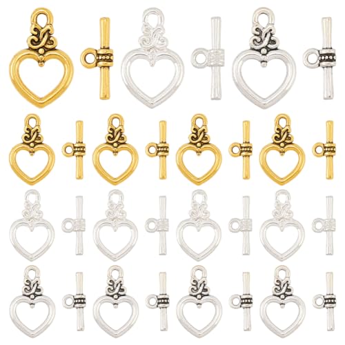 SUNNYCLUE 1 Box 3 Farben 72 Sets Herz Knebelverschluss Knebelverschluss Schmuckverschlüsse Legierung Antik Golden Silber Stange Und Ring T Stab Verschluss Verbindungsstück Für Schmuckherstellung DIY H von SUNNYCLUE