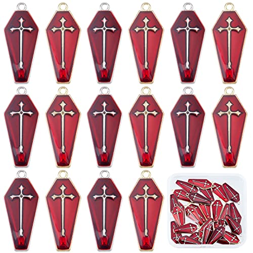 SUNNYCLUE 1 Box 30 Stück 2 Stile Roter Sarg-Charms Horror-Emaille-Rand Silberner Sarg-Kreuz-Halloween-Anhänger Gothic-Ohrring-Anhänger Für Schmuckherstellung, Charms, DIY, Basteln, Party-Dekoration, G von SUNNYCLUE