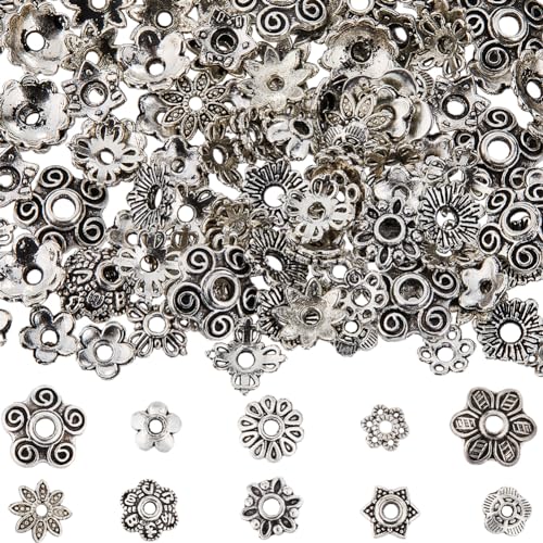 SUNNYCLUE 1 Box 300 Stück 10 Stile Blumen Perlenkappen 8 mm Flache Abstandsperlen Großpackung Tibetanisches Silber Hohle Blumen Metall Vintage Blumenperlen Endkappen Für DIY Armbänder Halsketten Ohrri von SUNNYCLUE