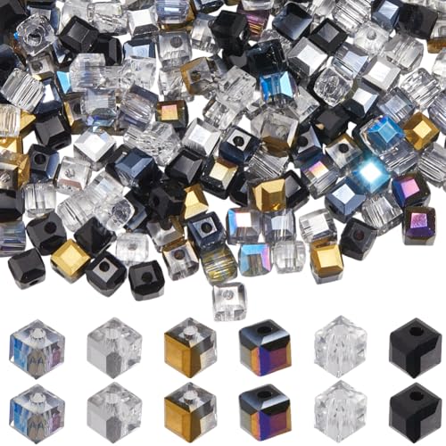 SUNNYCLUE 1 Box 300 Stück 6 Farben 4mm Facettierte Würfelperlen Glaswürfel Kristallperlen Schwarz Transparent Galvanische Farbe Lose Quadratische Abstandshalter Für Schmuckherstellung Zubehör DIY Bas von SUNNYCLUE