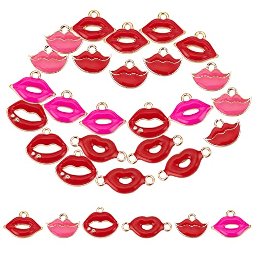 SUNNYCLUE 1 Box 30Stück 4 Stile Lippen Charms Sexy Rote Lippen Anhänger Legierung Emaille Bunt Rosa Kuss Mund Charm Glänzende Strasssteine Für Schmuckherstellung Charms DIY Halsketten Zubehör von SUNNYCLUE