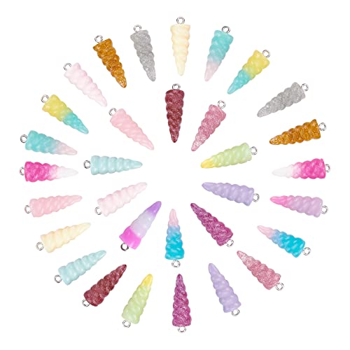 SUNNYCLUE 1 Box 32 Stück Harz Einhorn Horn Charms Einhorn Charm Perlen Glitzer Einhorn Horn Charm Lose Perlen Für DIY Party Favor Dekoration Basteln Armband Halskette Ohrringe Schmuckherstellung von SUNNYCLUE