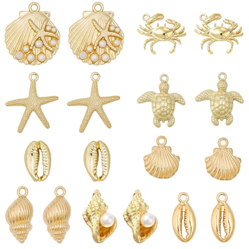 SUNNYCLUE 1 Box 36 Stück 9 Stile Ozean/Strand Anhänger Goldener Sommer Anhänger Metalllegierung Meeresmotiv Muschel Perle Seestern Schildkröte Anhänger Zur Schmuckherstellung Charms Armbänder Halsket von SUNNYCLUE