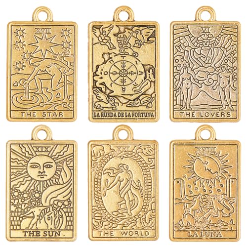 SUNNYCLUE 1 Box 36 Stück Tarotkarten Charms Tarot Charm Gold Tarot Charms Masse Mond Sonne Stern Charm Rechteck Glücksamulett Charm Für Die Schmuckherstellung Charms DIY Ohrringe Armband Halskette Bas von SUNNYCLUE