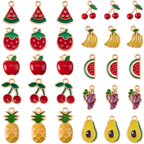 SUNNYCLUE 1 Box 40 Stück 10 Stile Emaille Fruchtanhänger Wassermelonen Anhänger Gemischte Kirsch Bananen Apfel Trauben Birnen Ananas Anhänger Für Halsketten Armbänder Ohrringe Schmuckherstellung von SUNNYCLUE
