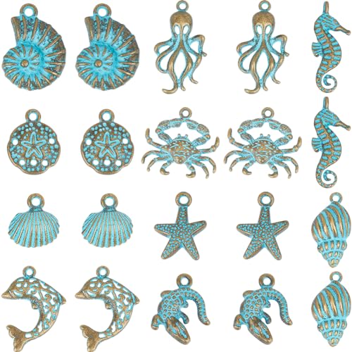 SUNNYCLUE 1 Box 40 Stück 10 Stile Charms Mit Ozeanmotiv Meereslebewesen Großpackung Antikbronze Türkis Farbe Ozeantier Vintage Sommer Charm Zur Schmuckherstellung Charms Zum Selbermachen von Halskette von SUNNYCLUE