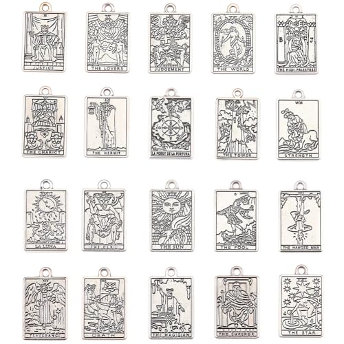 SUNNYCLUE 1 Box 40 Stück 20 Stile Silberne Tarotkarten Anhänger Tarot Anhänger Großpackung Antiksilber Tibetischer Stil Rechteckig Mond Sonne Stern Glücksbringer Ouijas Halloween Gothic Anhänger Großp von SUNNYCLUE