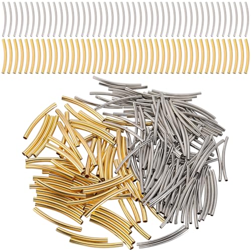 SUNNYCLUE 1 Box 400 Stück Messingröhrenperlen Gebogene Perlen 30mm Lang Gold Silber Kupfer Metall Glänzende Nudeln Abstandshalter Quetschperlen Zur Schmuckherstellung Armband Halskette Basteln Hochzei von SUNNYCLUE