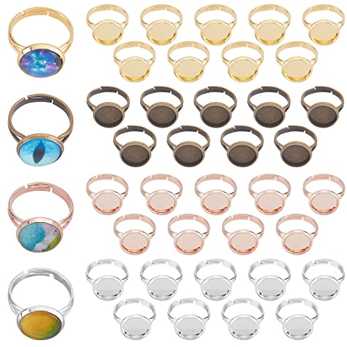 SUNNYCLUE 1 Box 40Stück 4 n Verstellbare Leere Ringe 12 mm Flache Runde Cabochon Ringfassungen Lünette Tablett Metallrohlinge Pad Ringzubehör Ringbasen Für Die DIY Ohrringschmuckherstellung Gemischte von SUNNYCLUE