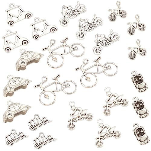 SUNNYCLUE 1 Box 48 Stück 8 Stile Fahrrad Charms Legierung Anhänger Fahrrad Motorrad Auto Tour Bus Zug Charm Kit Silber Transport Anhänger Für Schmuckherstellung Charms DIY Halskette Armband Ohrring Ba von SUNNYCLUE