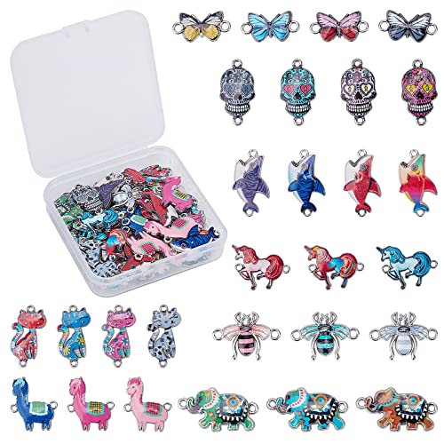 SUNNYCLUE 1 Box 48Stück 8Stile Tiere Emaille Links Verbinder Bunt Bedruckt Schmetterling Hai Einhorn Biene Schädel Katze Legierung Verbinder Für Die Schmuckherstellung Charm Halskette Ohrring Zubehör von SUNNYCLUE