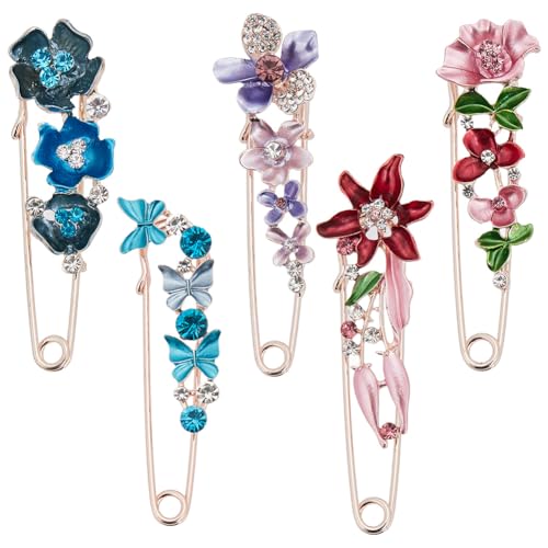 SUNNYCLUE 1 Box 5 Stück 5 Stile Florale Sicherheitsnadeln Große Kiltnadel Roségold Metalllegierung Emaille Strass Blumendekorationen Clipverschluss Kragenbrosche Für Pullover Mützen Schals Kleidung DI von SUNNYCLUE