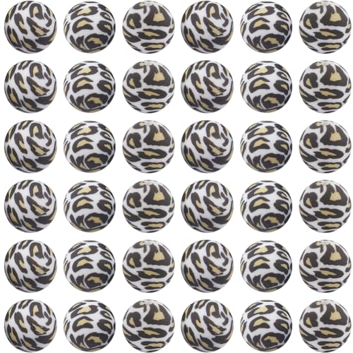 SUNNYCLUE 1 Box 50 Stück 15mm Silikonperlen Mit Leopardenmuster Kugel Runde Bedruckte Perle Großpackung Mit Weichem Gummi Blumenmuster Brennpunkt Lose Abstandshalter Schlüsselbandperlen Zur Schmuckhe von SUNNYCLUE
