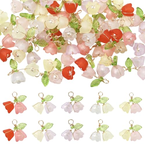 SUNNYCLUE 1 Box 50 Stück Acryl Floridnanhänger Lilienblütenanhänger Bunte Doppelblüte Mit Blatt Imitationsperle Maiglöckchen Anhänger Für Schmuckherstellung Zubehör DIY Ohrring Armband von SUNNYCLUE